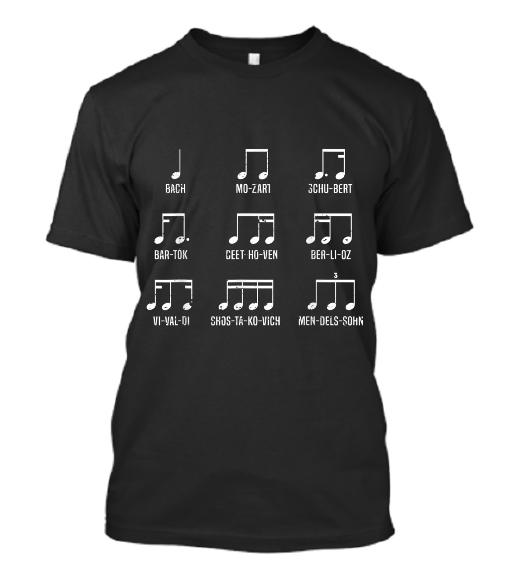 Classic Composers Bach Mozart Schubert Bartok Beethoven Berlioz Vivaldi Shostakovich Mendelssohn T-Shirt