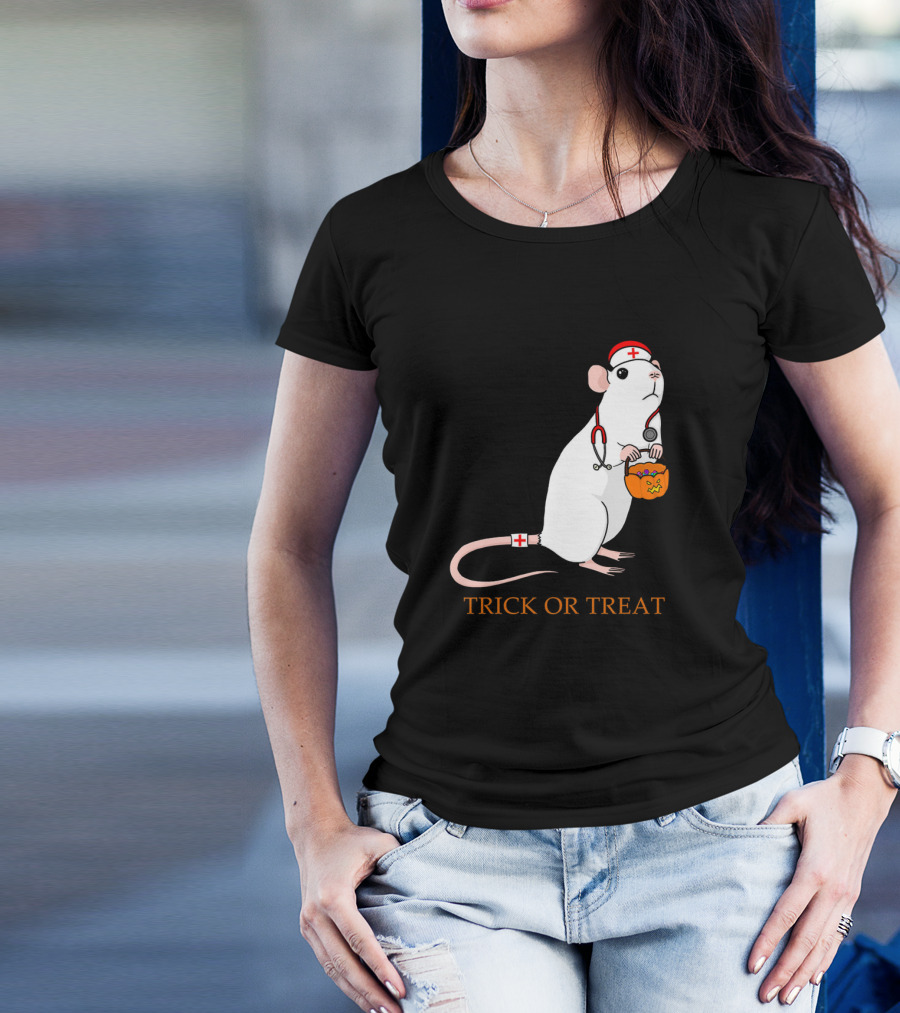 Trick Or Treat Halloween Rat Nurse With Pumpkin Bucket T-Shirt