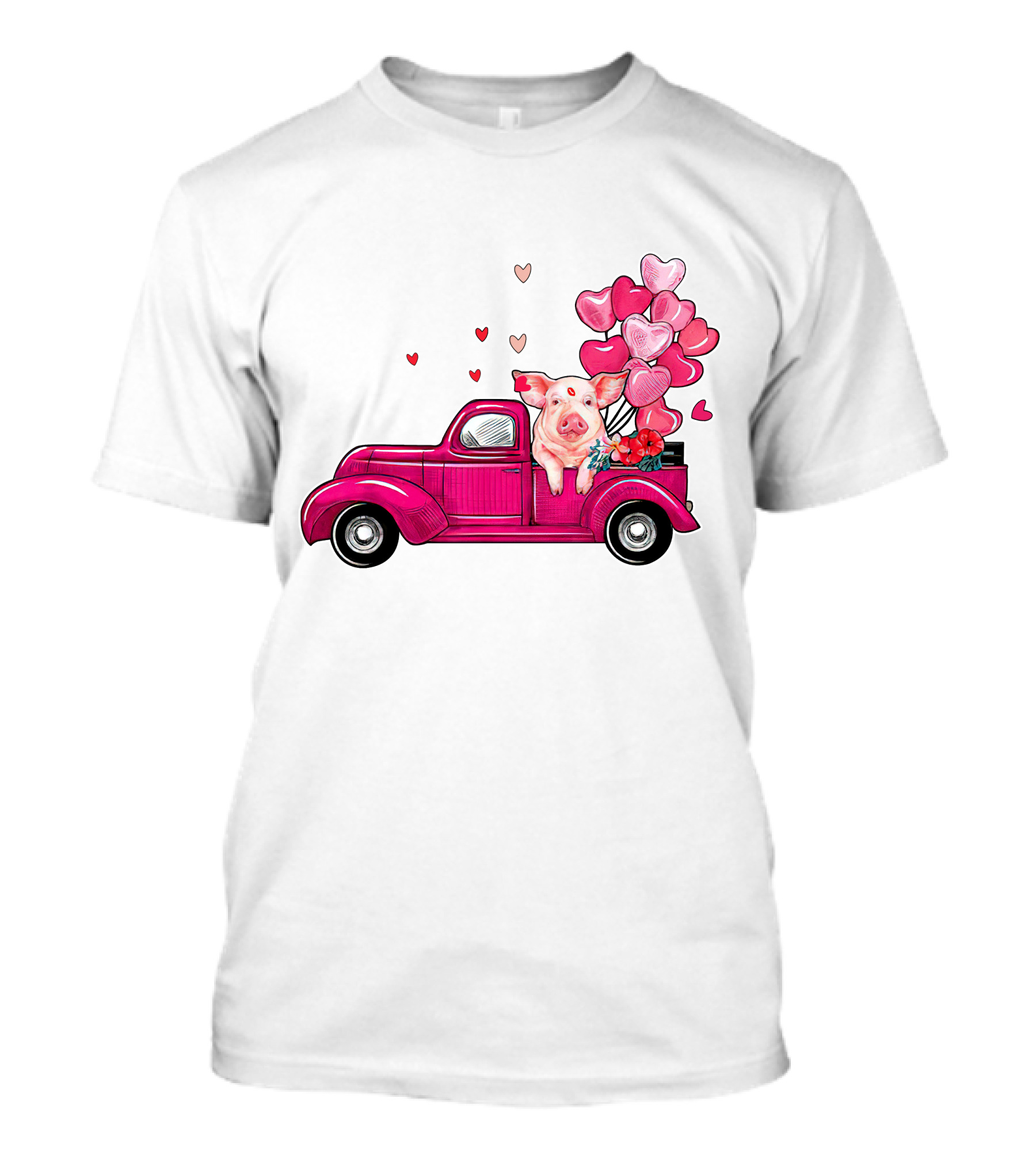 Too Cute Valentine Pig With Heart Balloons In Vintage Truck Costume Boy Girl T-Shirt