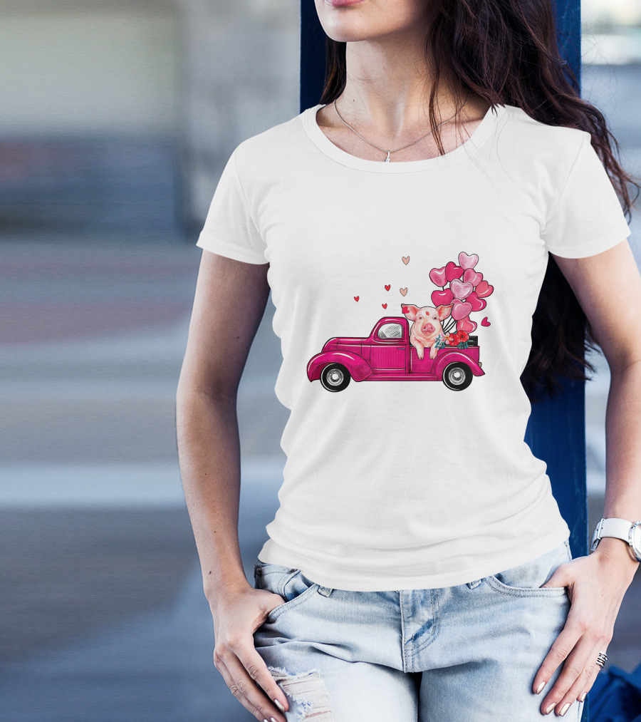 Too Cute Valentine Pig With Heart Balloons In Vintage Truck Costume Boy Girl T-Shirt