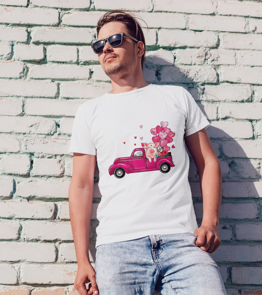 Too Cute Valentine Pig With Heart Balloons In Vintage Truck Costume Boy Girl T-Shirt