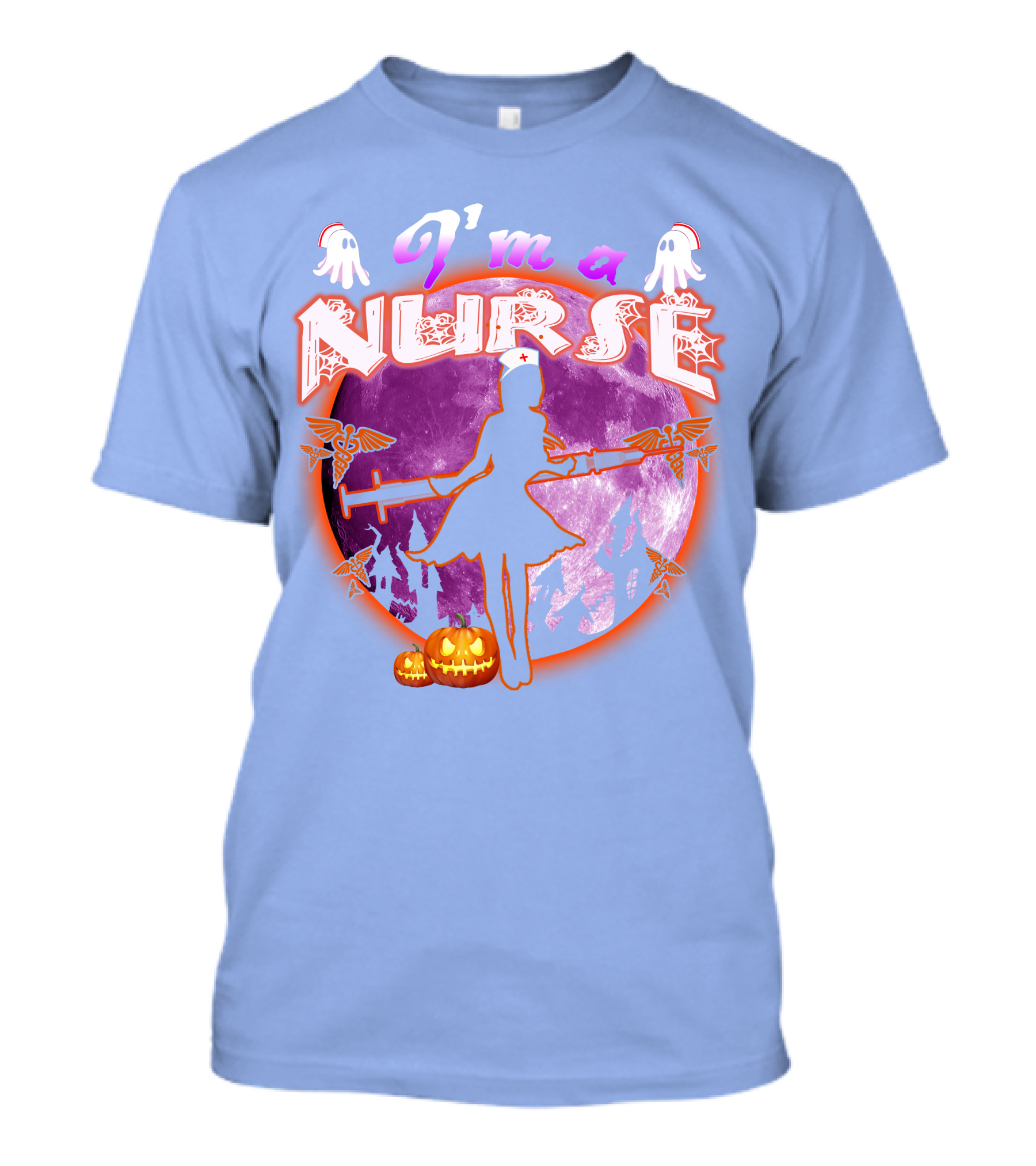 Nurse Halloween Moon Silhouette With Pumpkins And Medical Staff Symbols T-Shirt