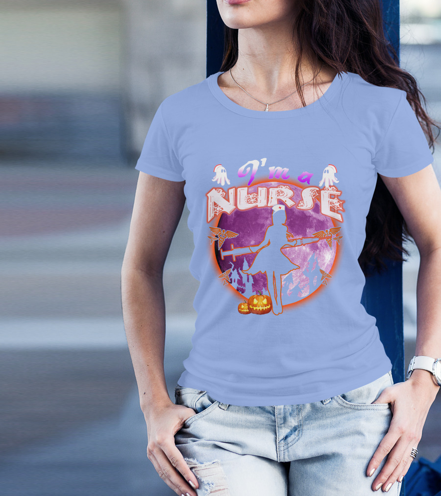 Nurse Halloween Moon Silhouette With Pumpkins And Medical Staff Symbols T-Shirt