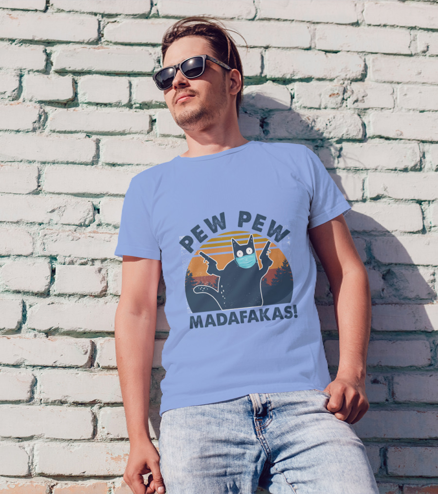 Pew Pew Madafakas Cat Mask Sunset Forest Scene T-Shirt