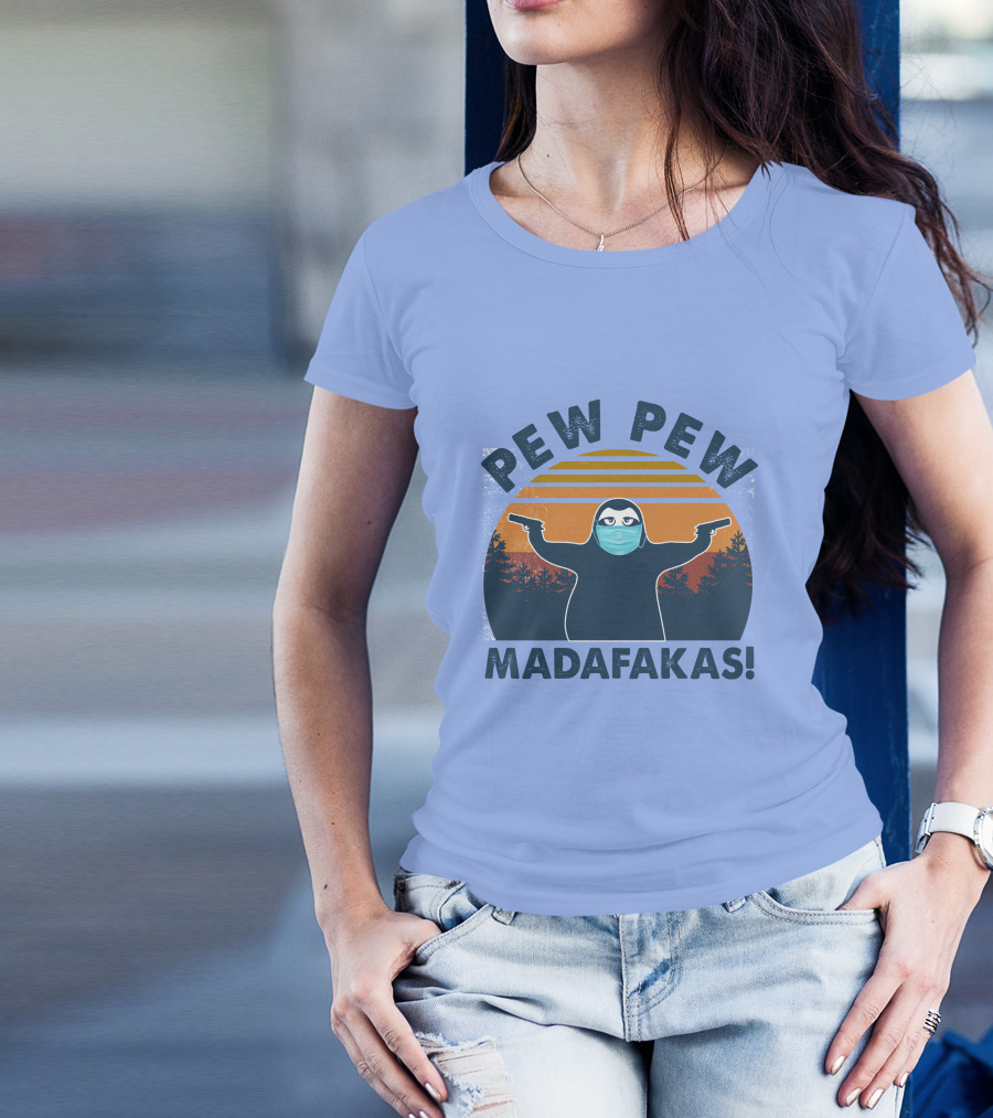 Pew Pew Madafakas Sloth Mask Forest Silhouette Sunset T-Shirt