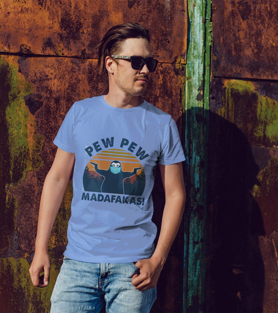Pew Pew Madafakas Sloth Mask Forest Silhouette Sunset T-Shirt