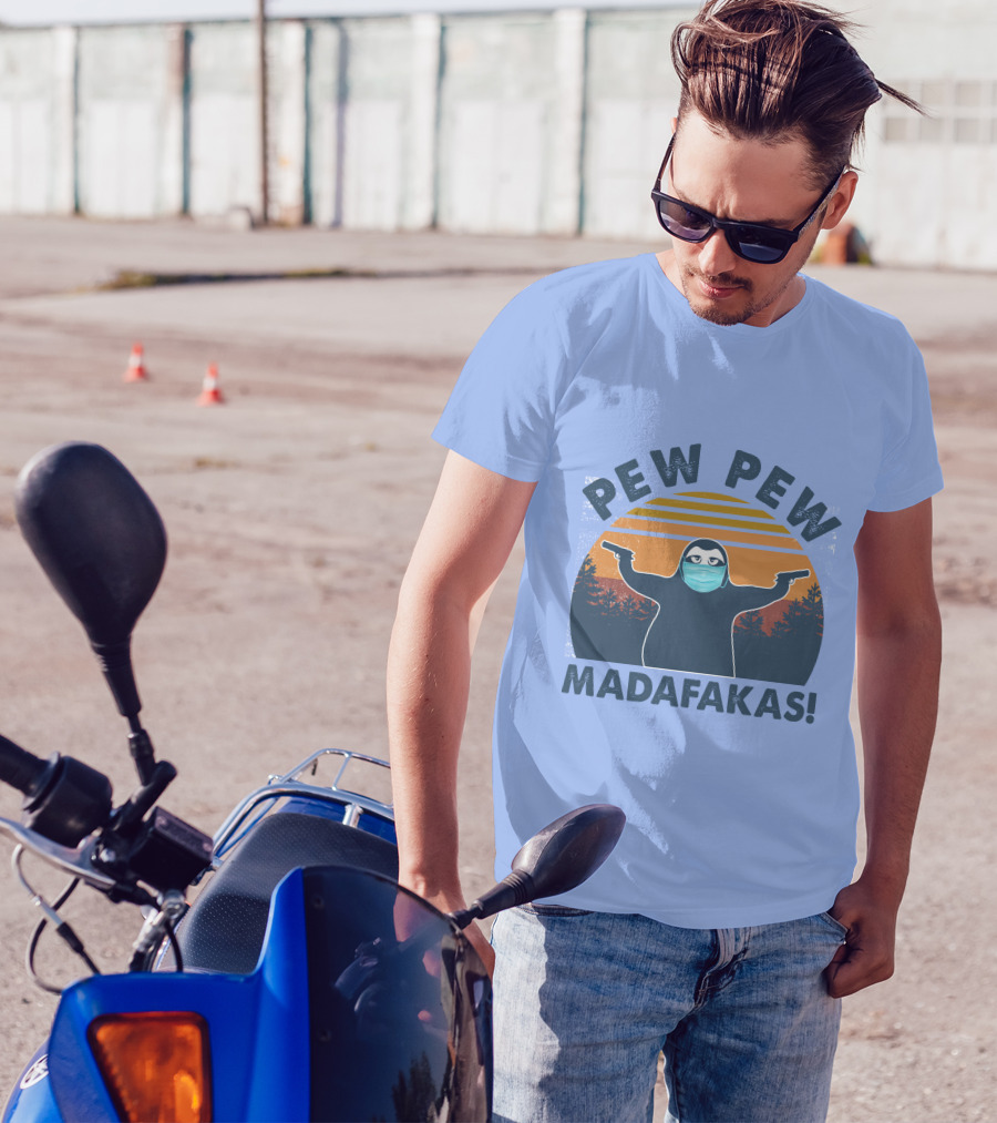 Pew Pew Madafakas Sloth Mask Forest Silhouette Sunset T-Shirt