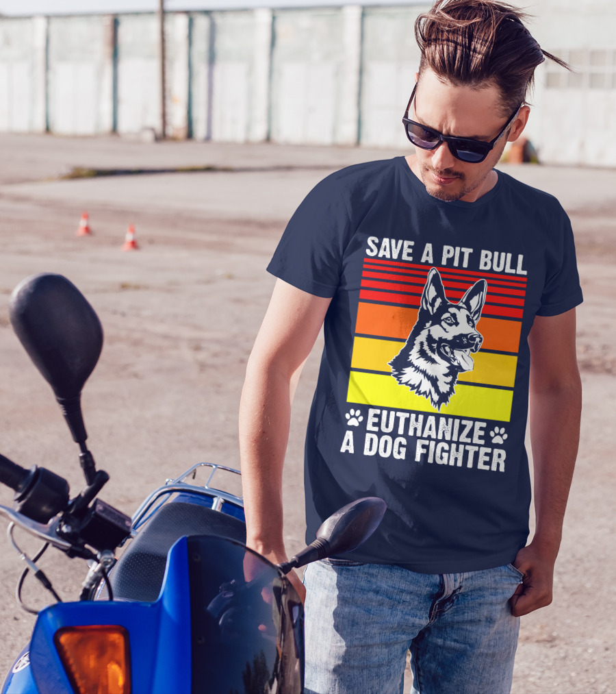 Save A Pit Bull Euthanize A Dog Fighter German Shepherd Graphic Retro Stripes T-Shirt