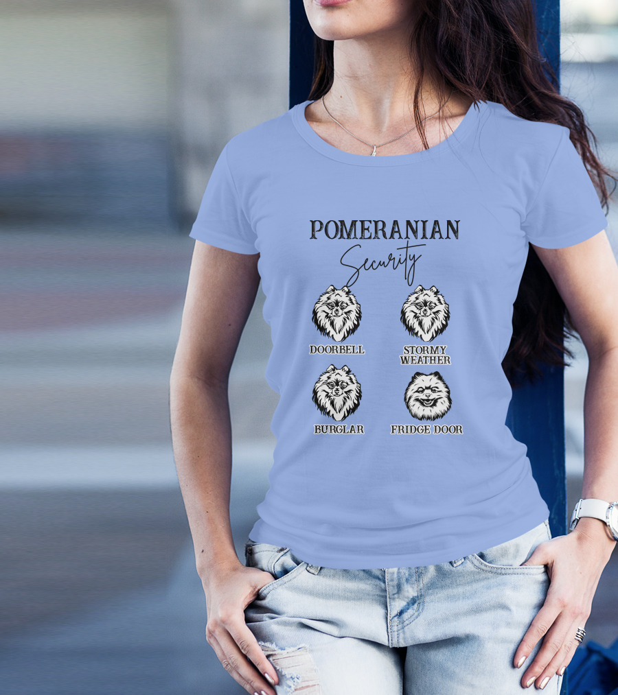 Pomeranian Security Doorbell Stormy Weather Burglar Fridge Door Dog Owner T-Shirt