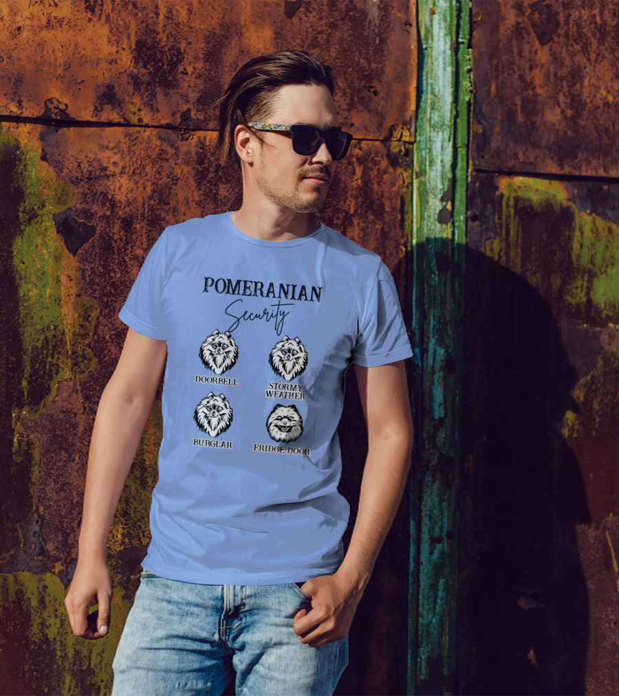 Pomeranian Security Doorbell Stormy Weather Burglar Fridge Door Dog Owner T-Shirt