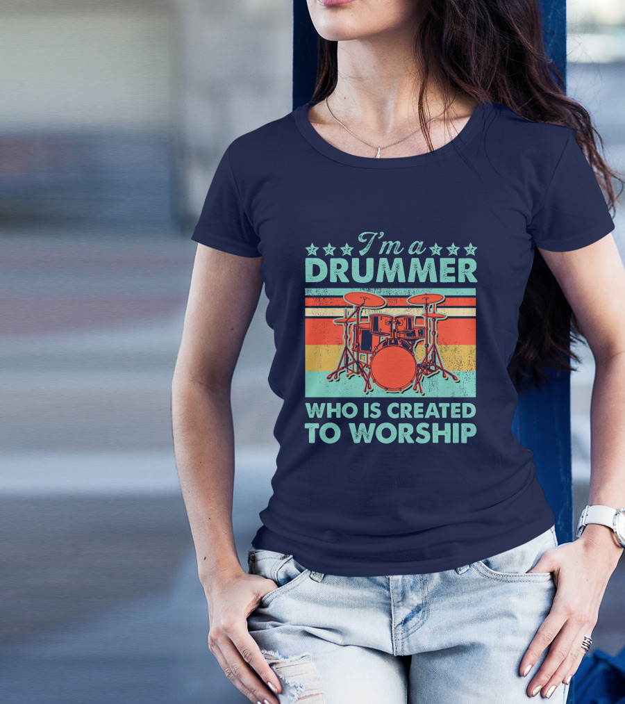 I'm A Drummer Who Is Created To Worship Vintage Drum Set Retro Stripes T-Shirt