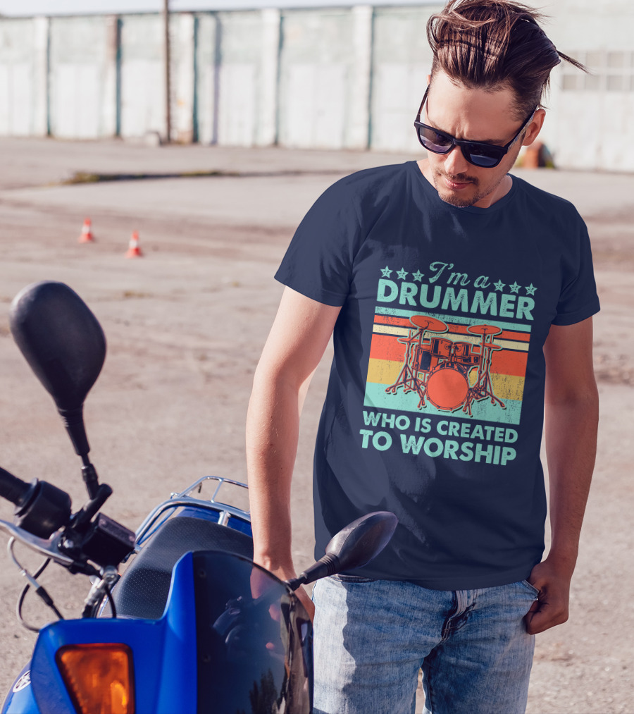I'm A Drummer Who Is Created To Worship Vintage Drum Set Retro Stripes T-Shirt