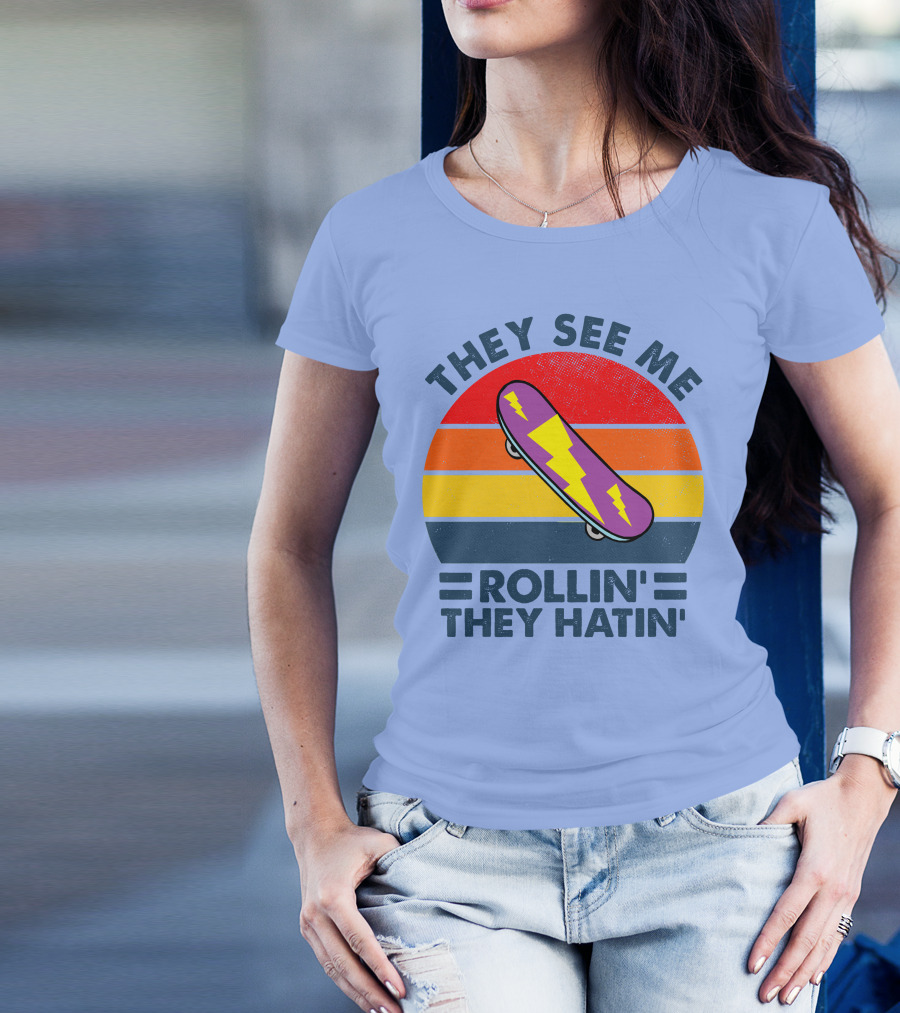 THEY SEE ME ROLLIN' THEY HATIN' RD SKATEBOARD LIGHTNING STRIPED VINTAGE RAINBOW BACKGROUND T-Shirt