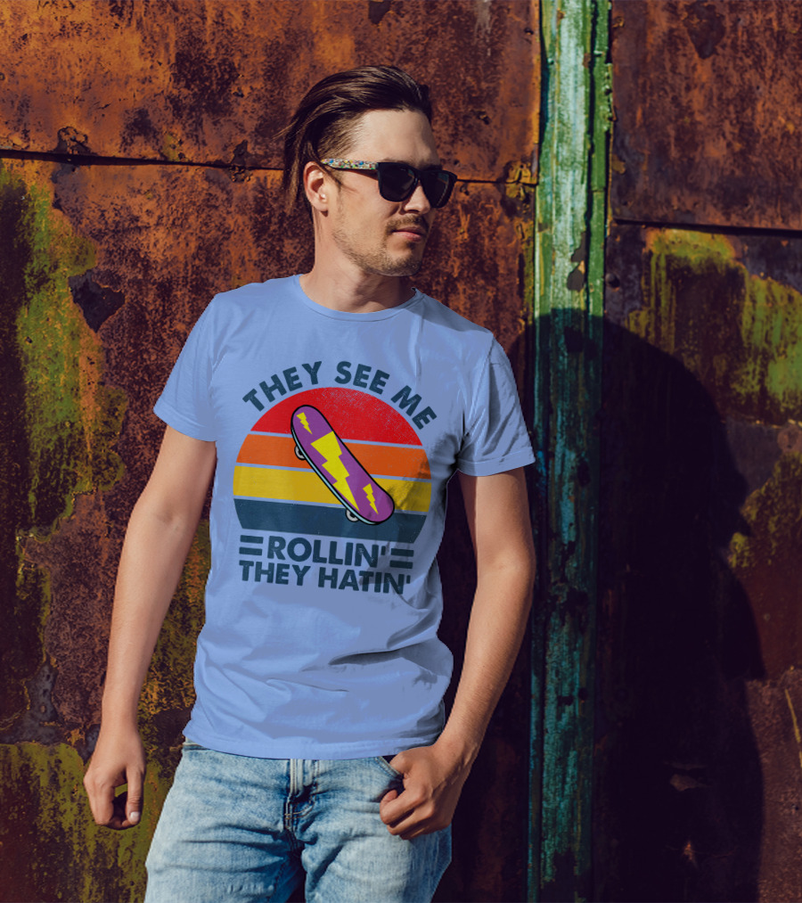 THEY SEE ME ROLLIN' THEY HATIN' RD SKATEBOARD LIGHTNING STRIPED VINTAGE RAINBOW BACKGROUND T-Shirt