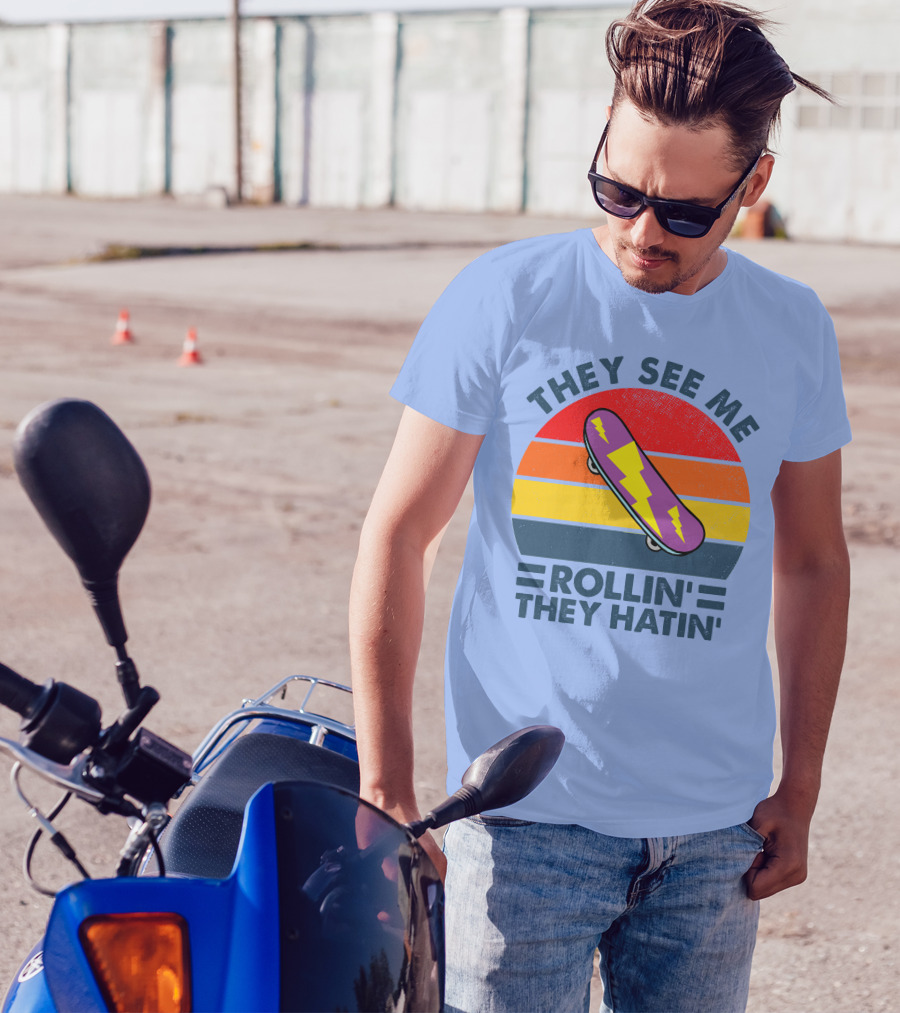 THEY SEE ME ROLLIN' THEY HATIN' RD SKATEBOARD LIGHTNING STRIPED VINTAGE RAINBOW BACKGROUND T-Shirt