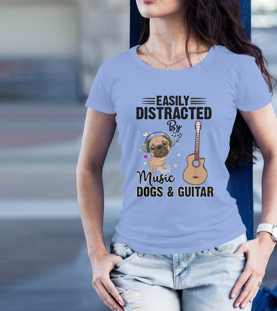 Easily Distracted By Music Dogs And Guitar Bulldog With Headphones And Notes T-Shirt