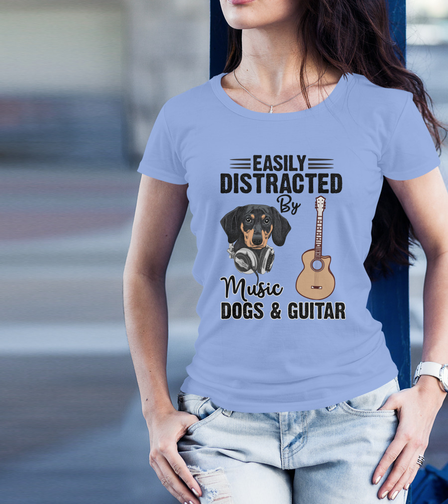 Easily Distracted By Music Dogs And Guitar Dachshund T-Shirt
