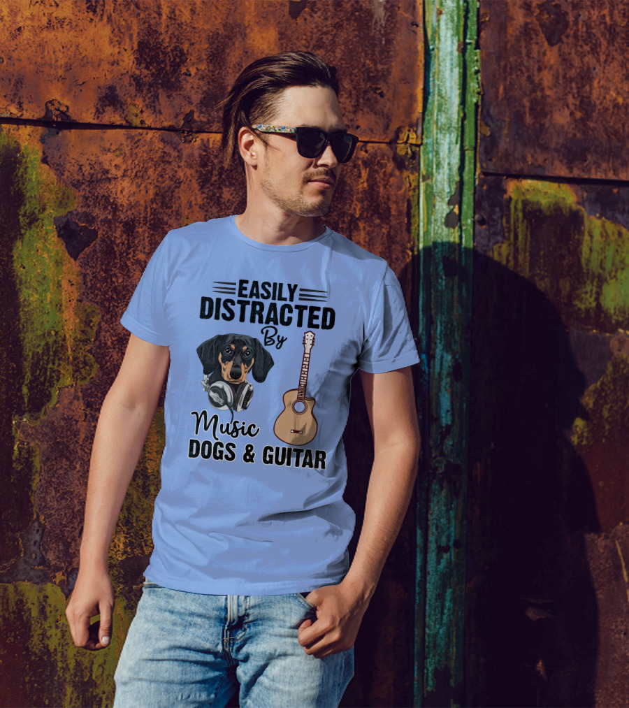 Easily Distracted By Music Dogs And Guitar Dachshund T-Shirt