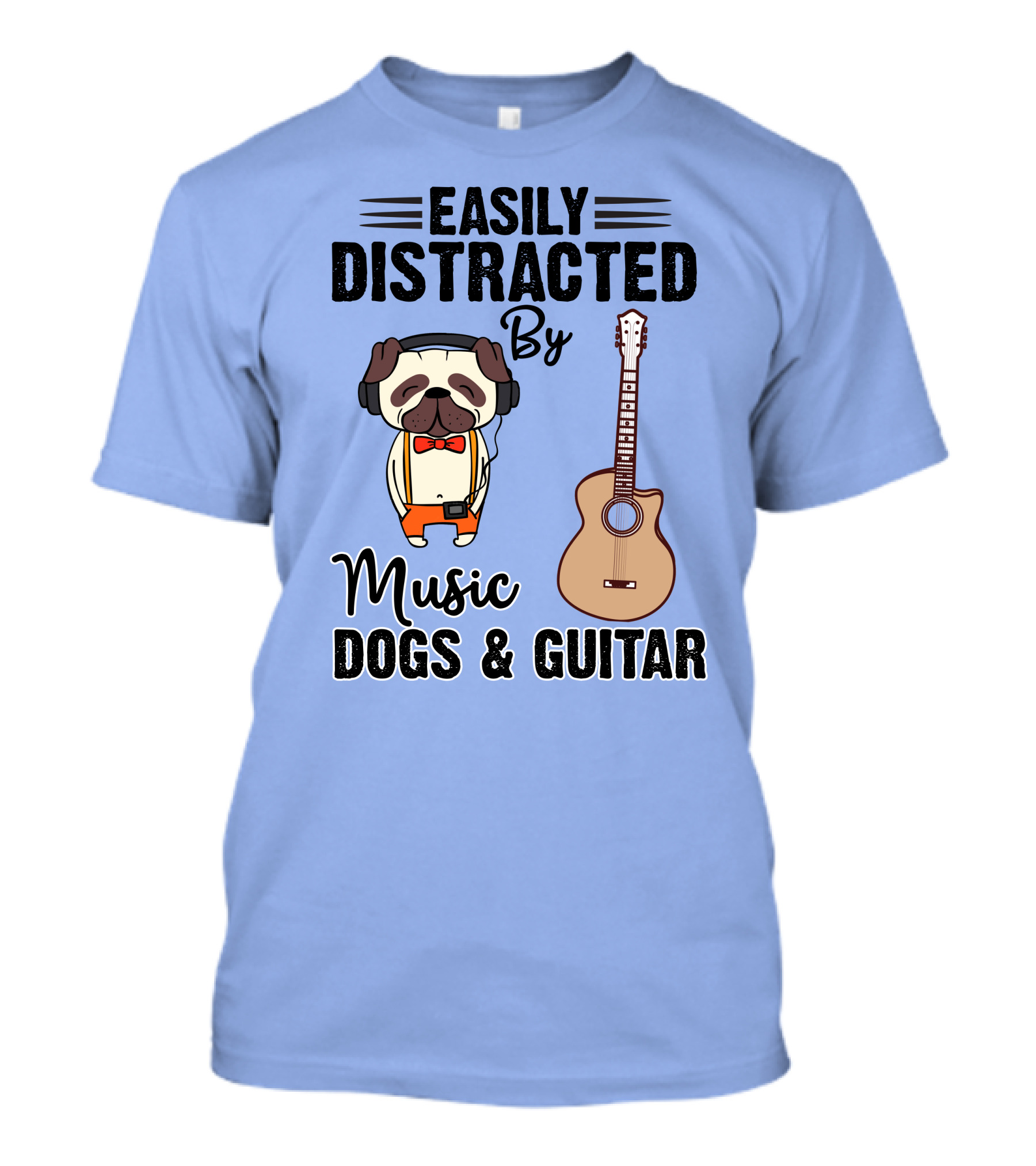 Easily Distracted By Music Dogs And Guitar Pug T-Shirt
