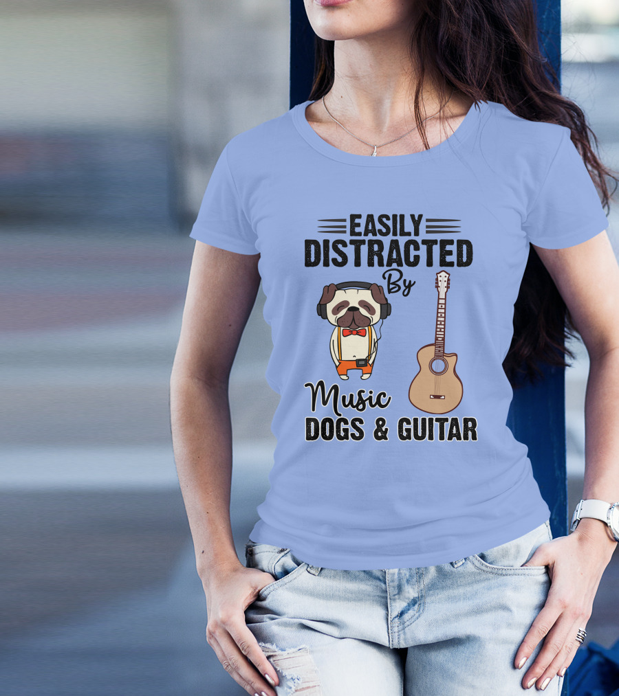 Easily Distracted By Music Dogs And Guitar Pug T-Shirt