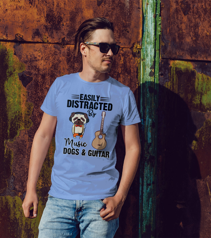 Easily Distracted By Music Dogs And Guitar Pug T-Shirt