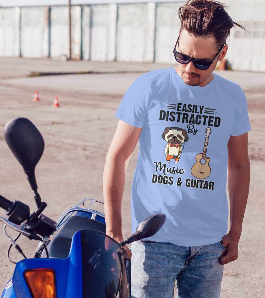 Easily Distracted By Music Dogs And Guitar Pug T-Shirt