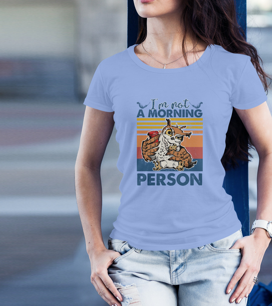 I'm Not A Morning Person Owl Coffee Cookie Retro Stripes T-Shirt
