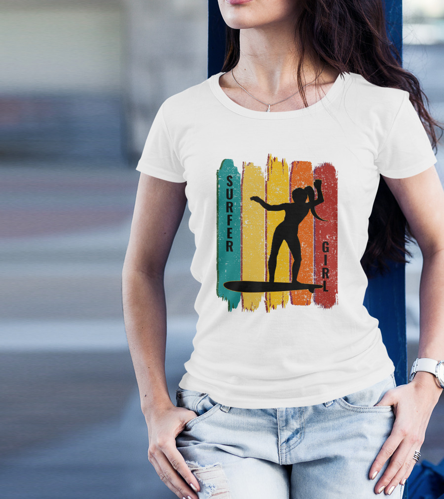 Surfer Girl Vintage Surfing Silhouette On Colorful Stripes T-Shirt