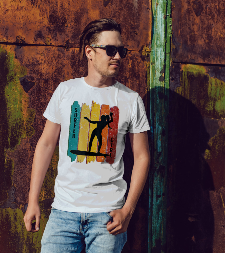 Surfer Girl Vintage Surfing Silhouette On Colorful Stripes T-Shirt