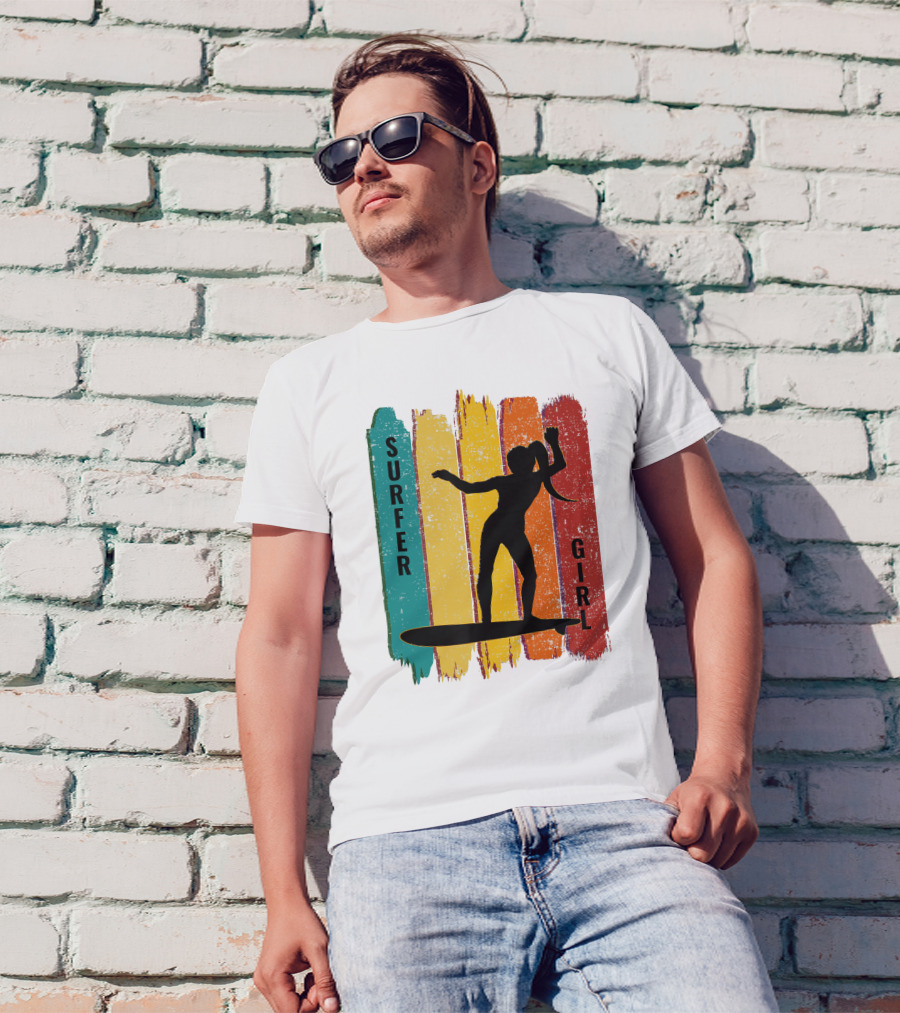 Surfer Girl Vintage Surfing Silhouette On Colorful Stripes T-Shirt