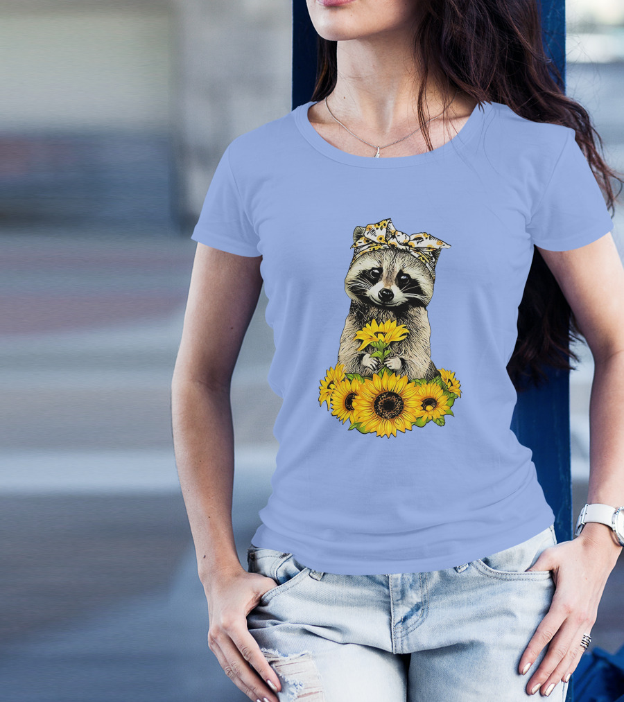 Raccoon Holding Sunflowers With Bandana Pattern Featuring Me T-Shirt