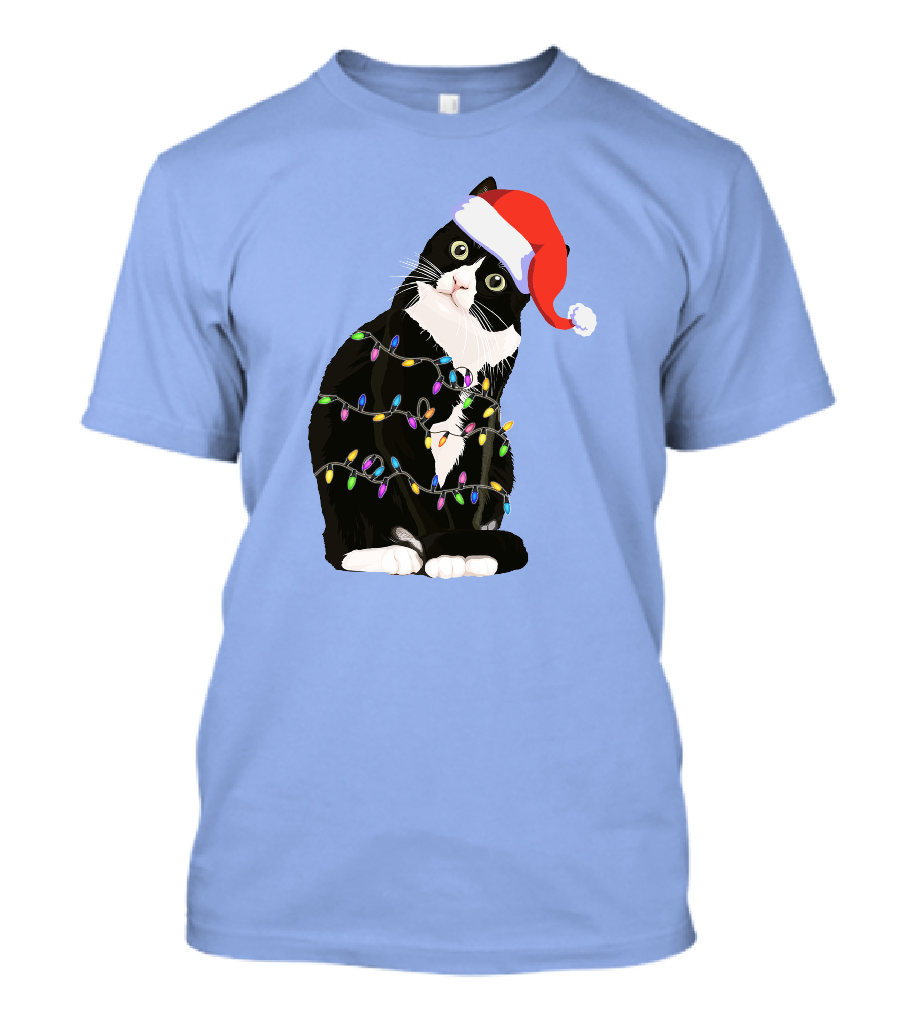 Tuxedo Cat Santa Hat With Colorful Christmas Lights Holidays T-Shirt