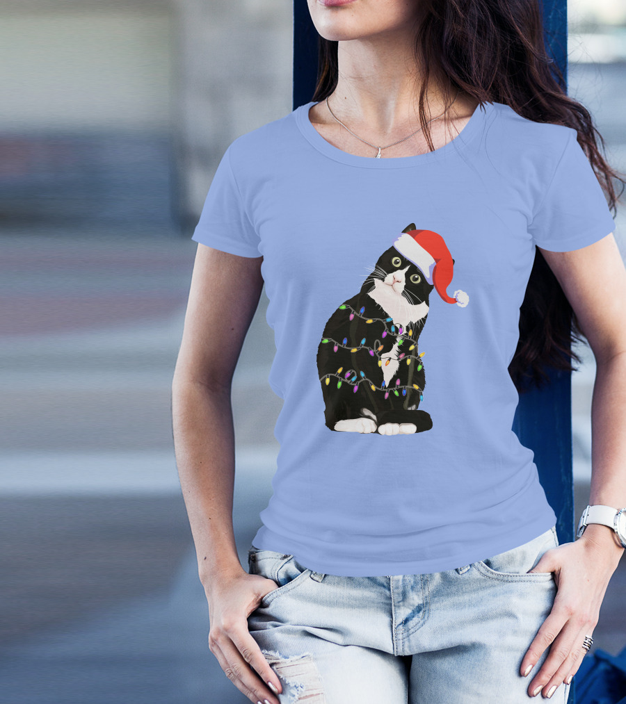 Tuxedo Cat Santa Hat With Colorful Christmas Lights Holidays T-Shirt