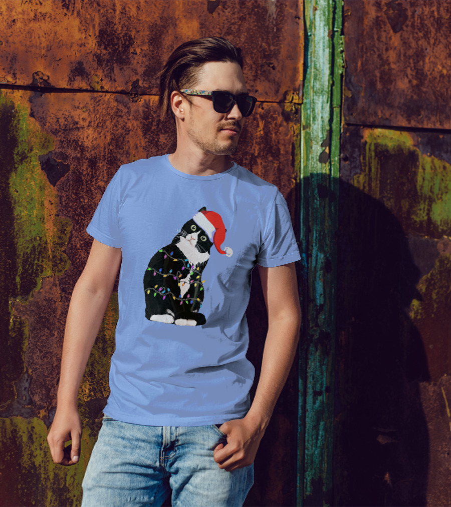 Tuxedo Cat Santa Hat With Colorful Christmas Lights Holidays T-Shirt
