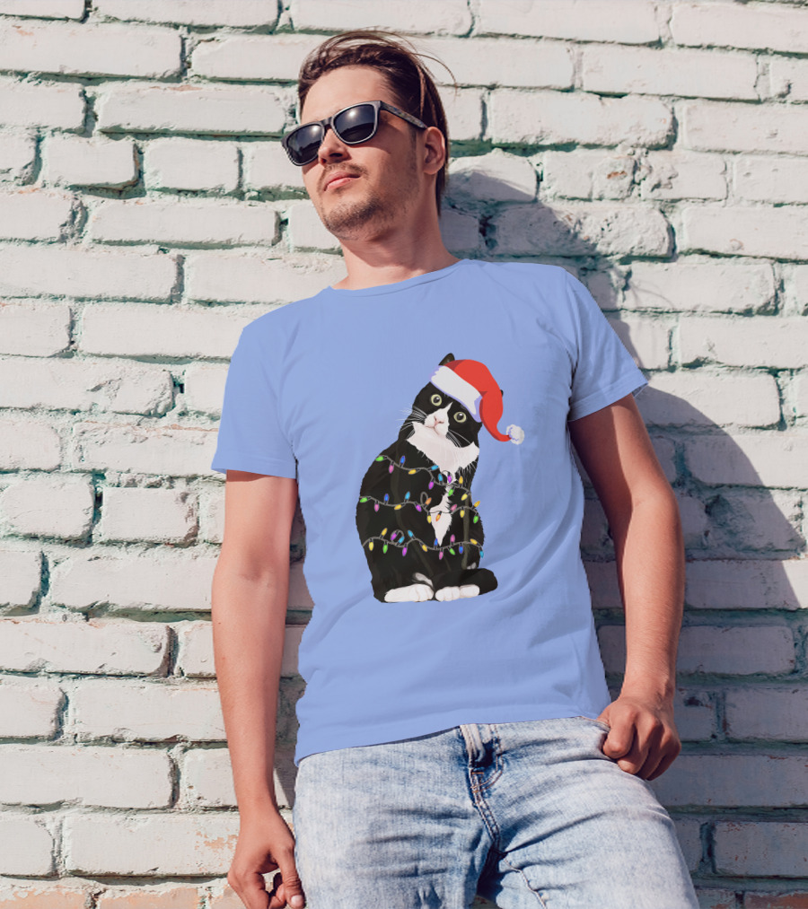 Tuxedo Cat Santa Hat With Colorful Christmas Lights Holidays T-Shirt