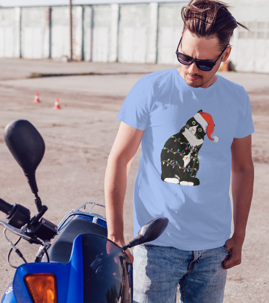 Tuxedo Cat Santa Hat With Colorful Christmas Lights Holidays T-Shirt
