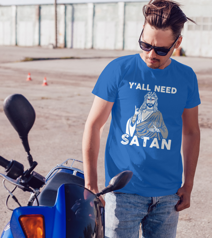 Y'All Need Satan Hand Gesture Illustration With Cross And Tattoos T-Shirt