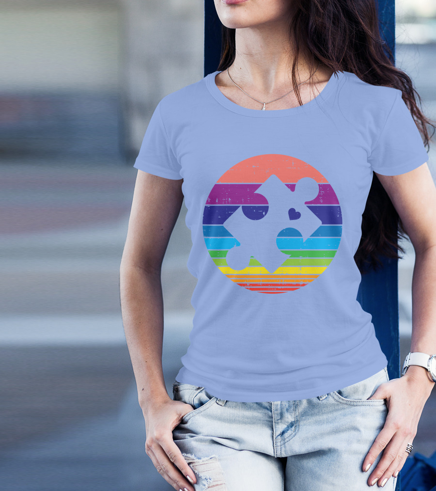 Retro Rainbow Striped Puzzle Heart Autism Awareness T-Shirt