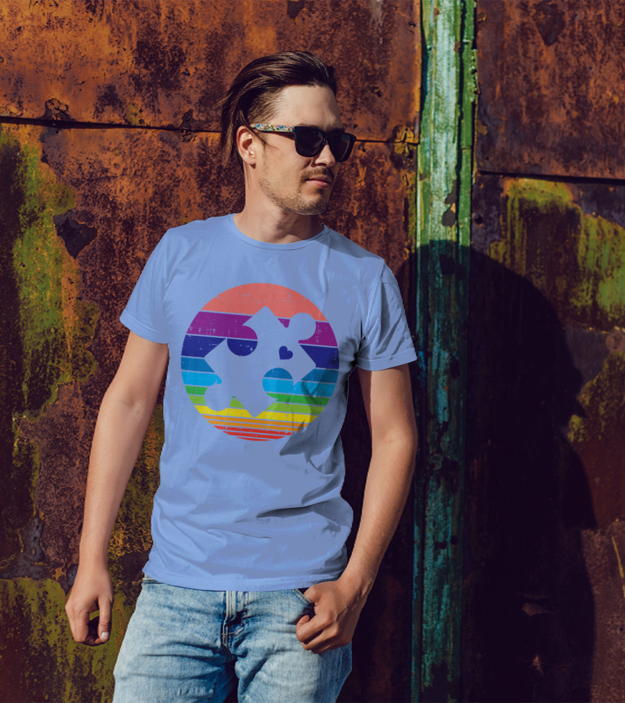 Retro Rainbow Striped Puzzle Heart Autism Awareness T-Shirt