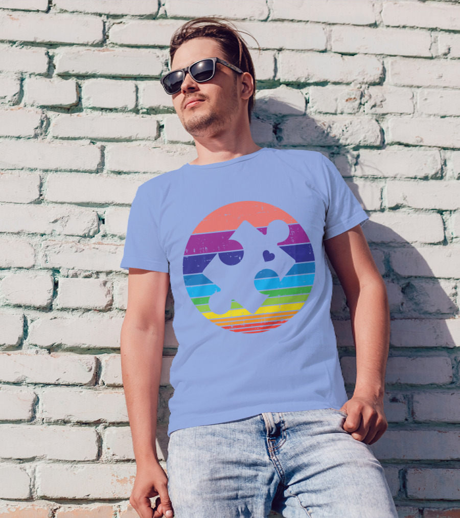 Retro Rainbow Striped Puzzle Heart Autism Awareness T-Shirt