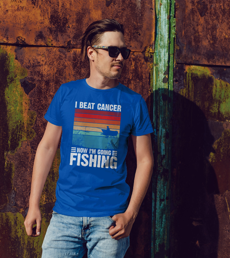 I Beat Cancer Now I'm Going Fishing Vintage Sunset Rowboat T-Shirt