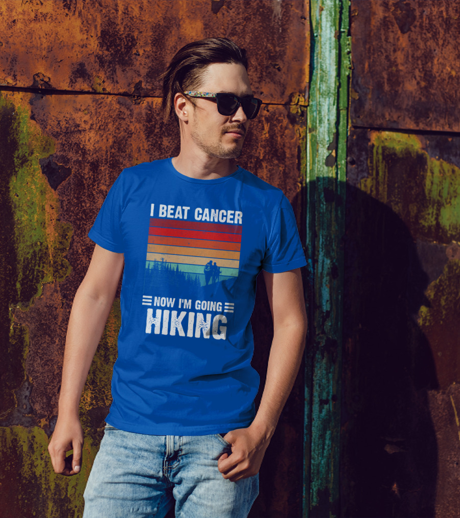 I Beat Cancer Now I'm Going Hiking Retro Sunset T-Shirt