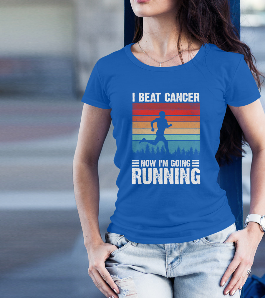 I Beat Cancer Now I'm Going Running Silhouette Forest Sunset Stripes T-Shirt