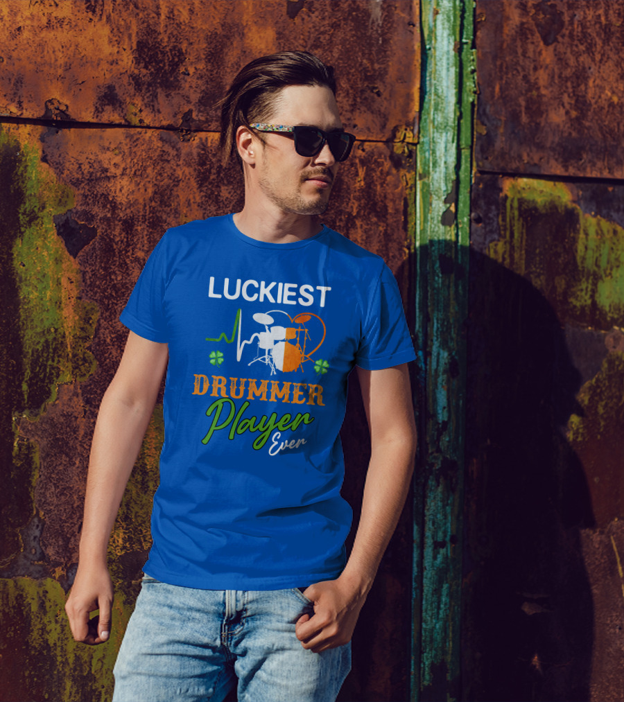 Luckiest Drummer Player Ever Irish Flag Heartbeat With Shamrocks T-Shirt