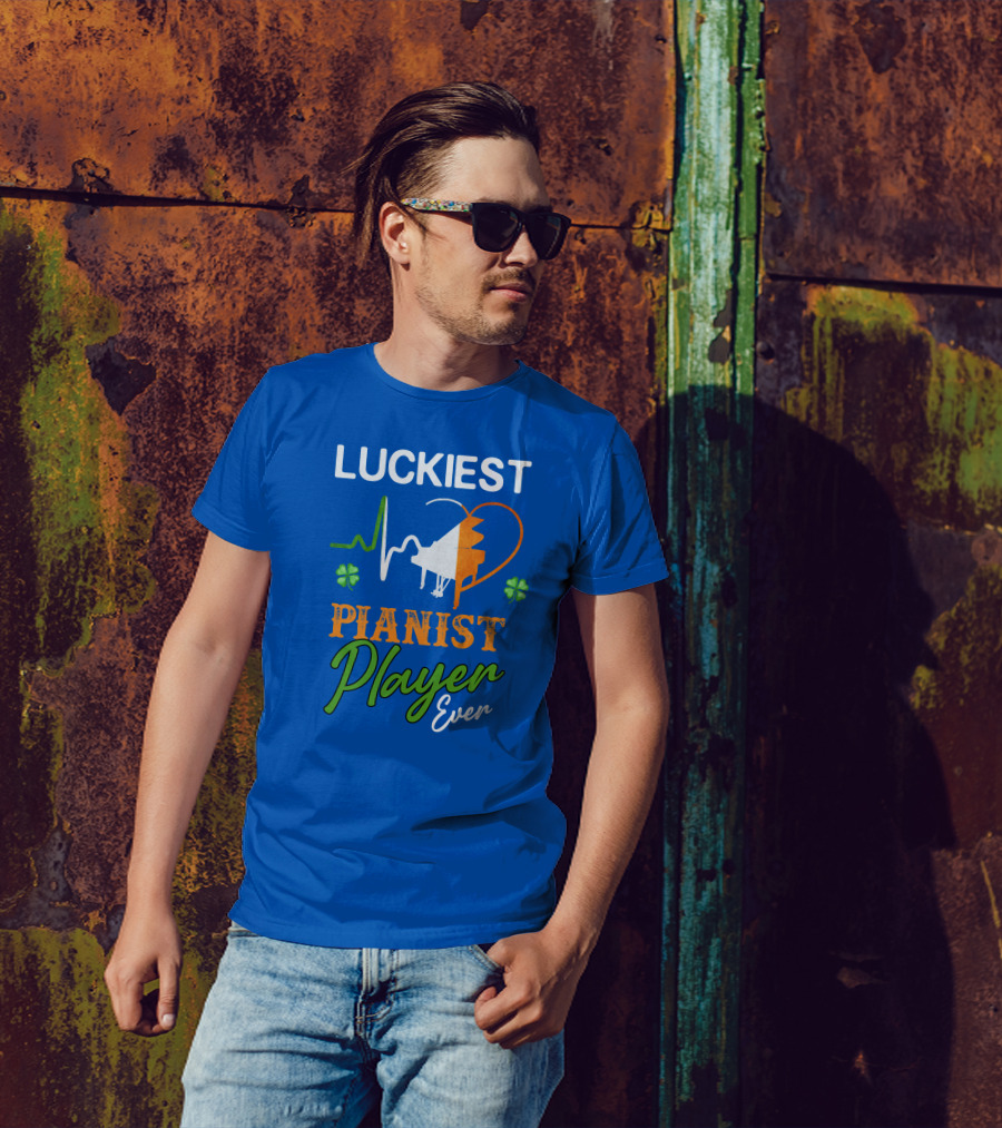 Luckiest Pianist Player Ever Irish Flag Heartbeat Four-Leaf Clover T-Shirt