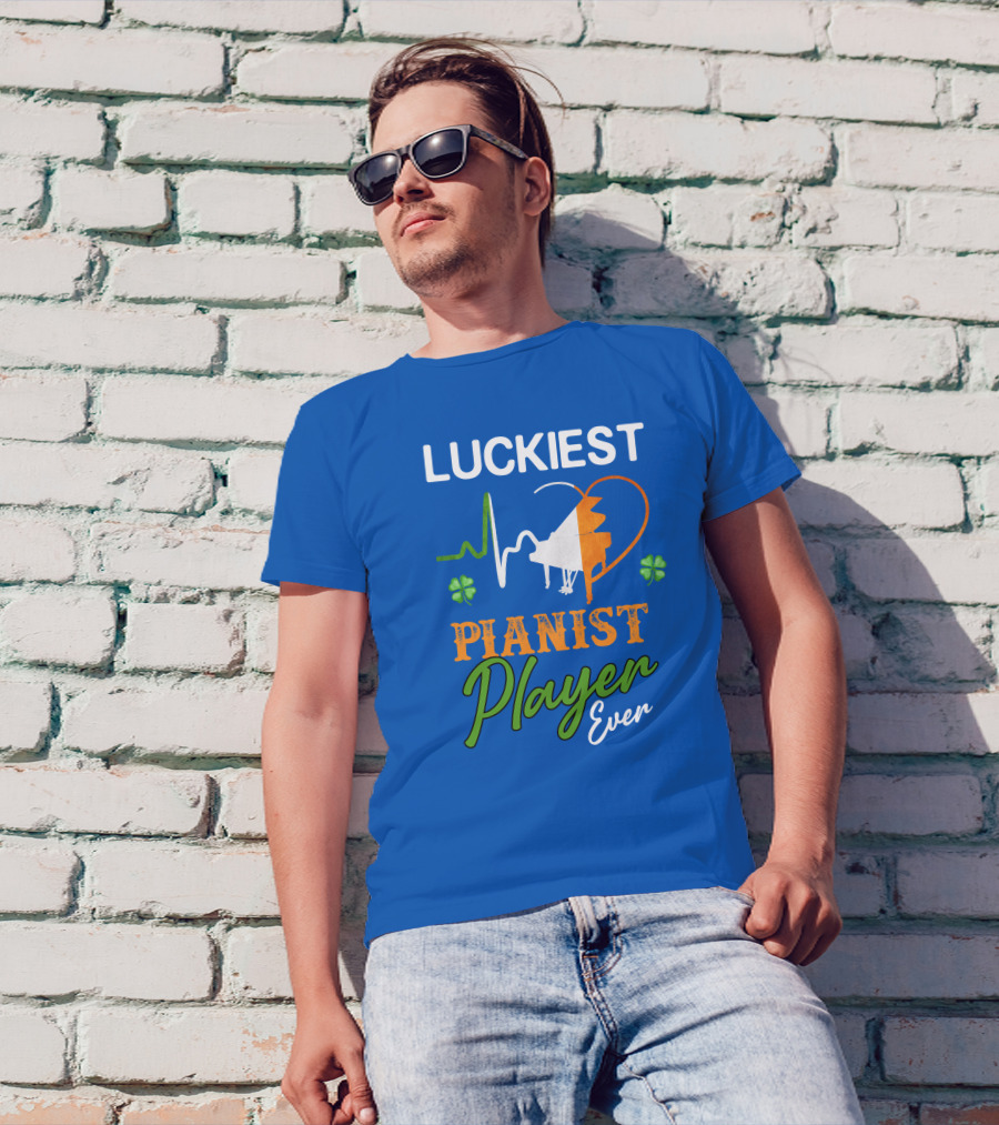 Luckiest Pianist Player Ever Irish Flag Heartbeat Four-Leaf Clover T-Shirt