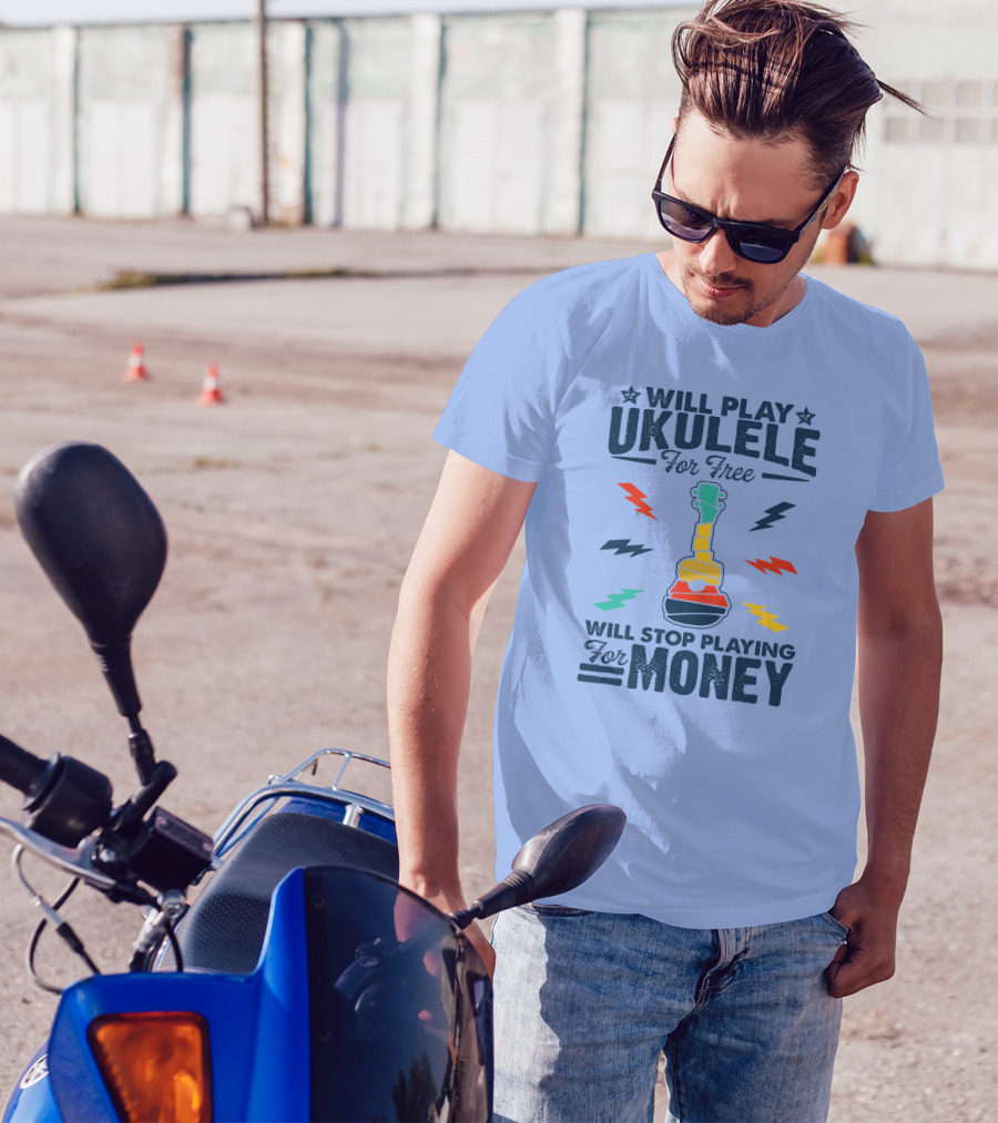 Will Play Ukulele For Free Will Stop Playing For Money Colorful Ukulele And Lightning Bolts T-Shirt