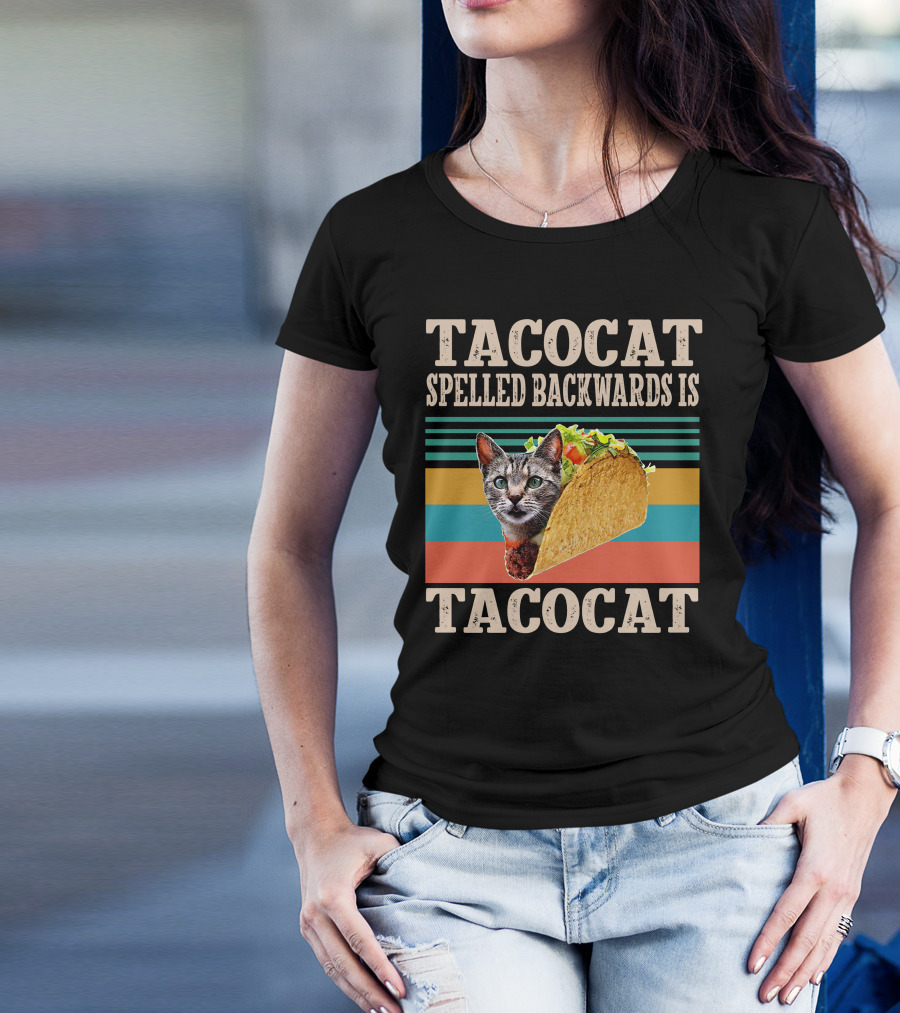 Tacocat Spelled Backwards Is Tacocat Cat Taco Palindrome Retro Stripes T-Shirt