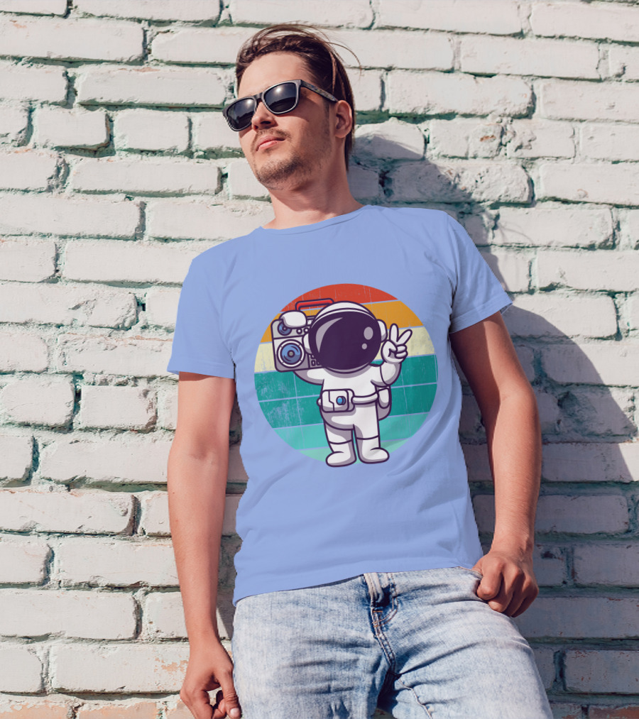 Cute Astronaut Peace Sign Boombox Cartoon Retro Rainbow T-Shirt