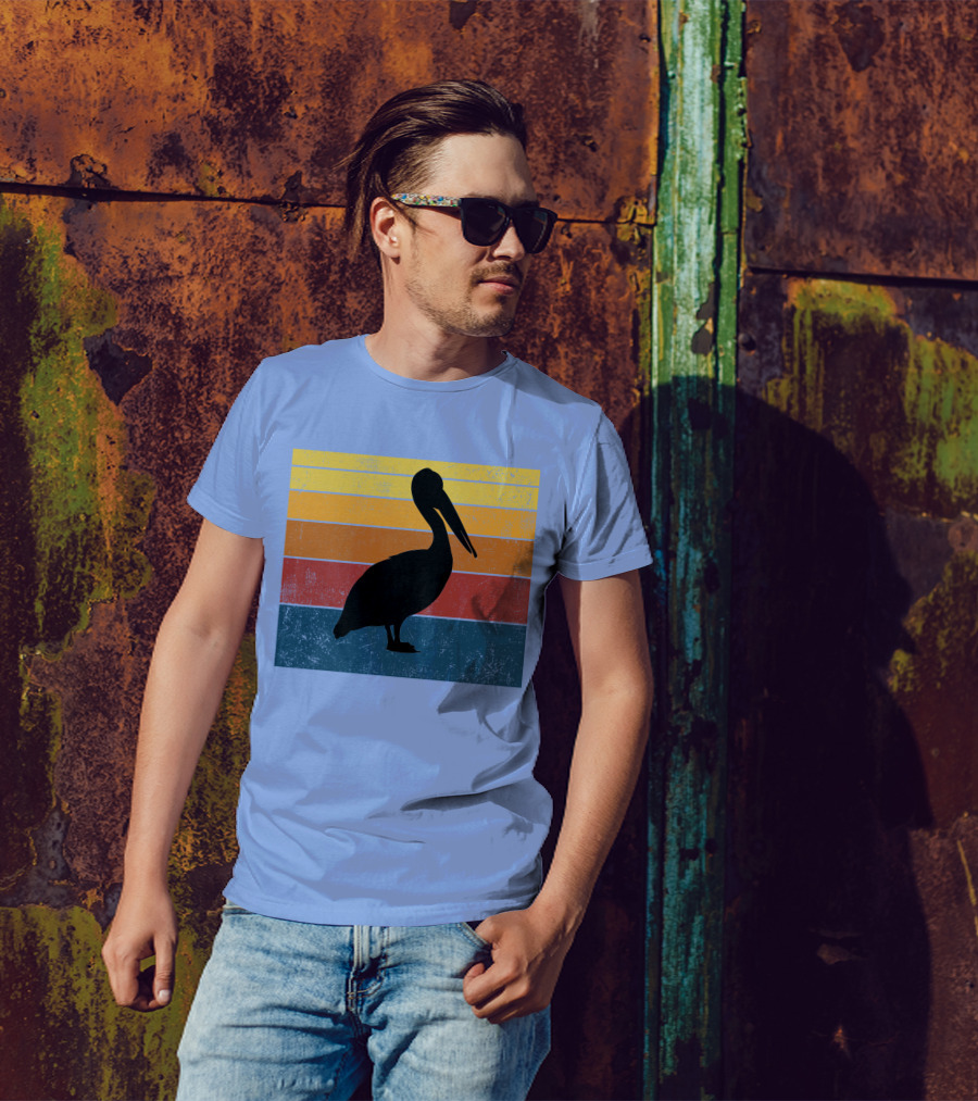 Light Blue Retro Sunset Pelican T-Shirt